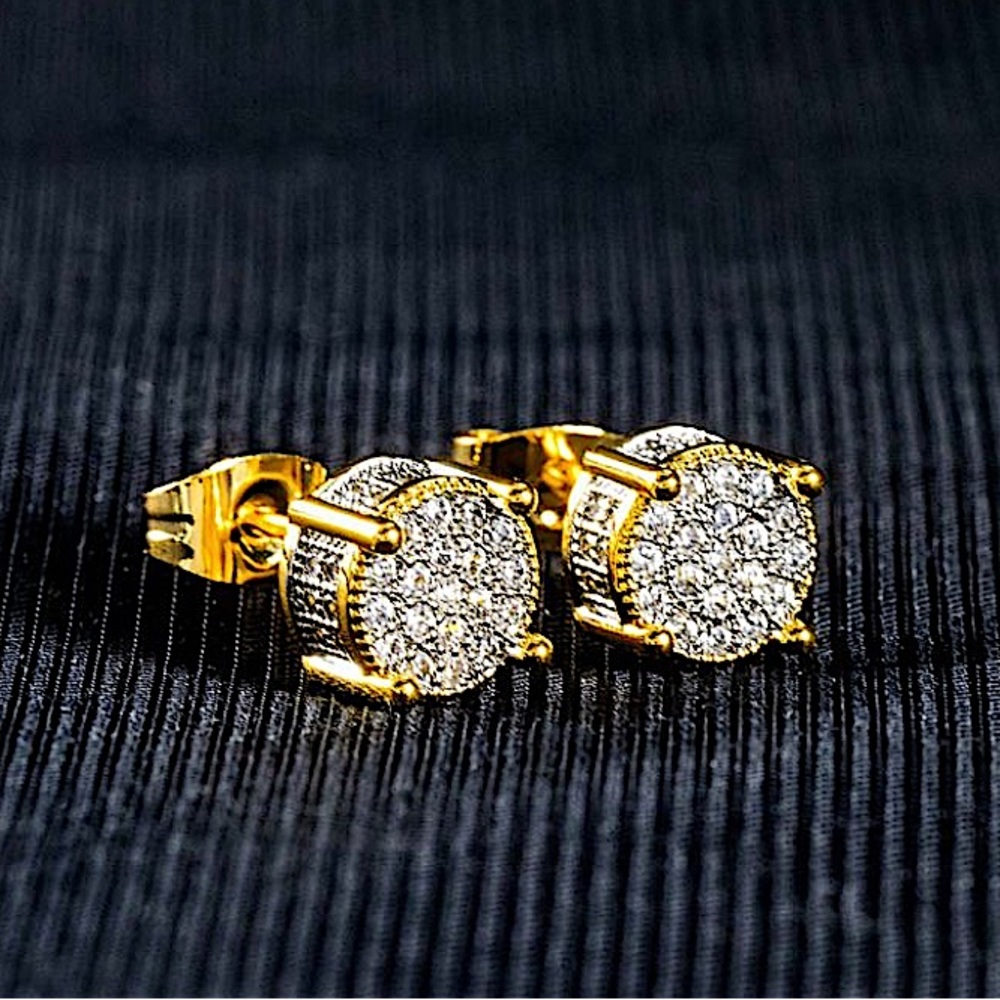 Gold Round Cut Moissanite Circle Shaped Pave Diamond Zircon Stud Earrings - Picture 6 of 9